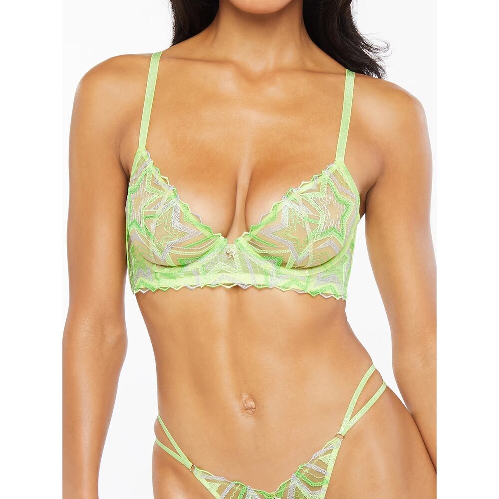 Savage X Fenty Shining Star Embroidered Unlined Demi Bra Lime Green Size 34D NWT